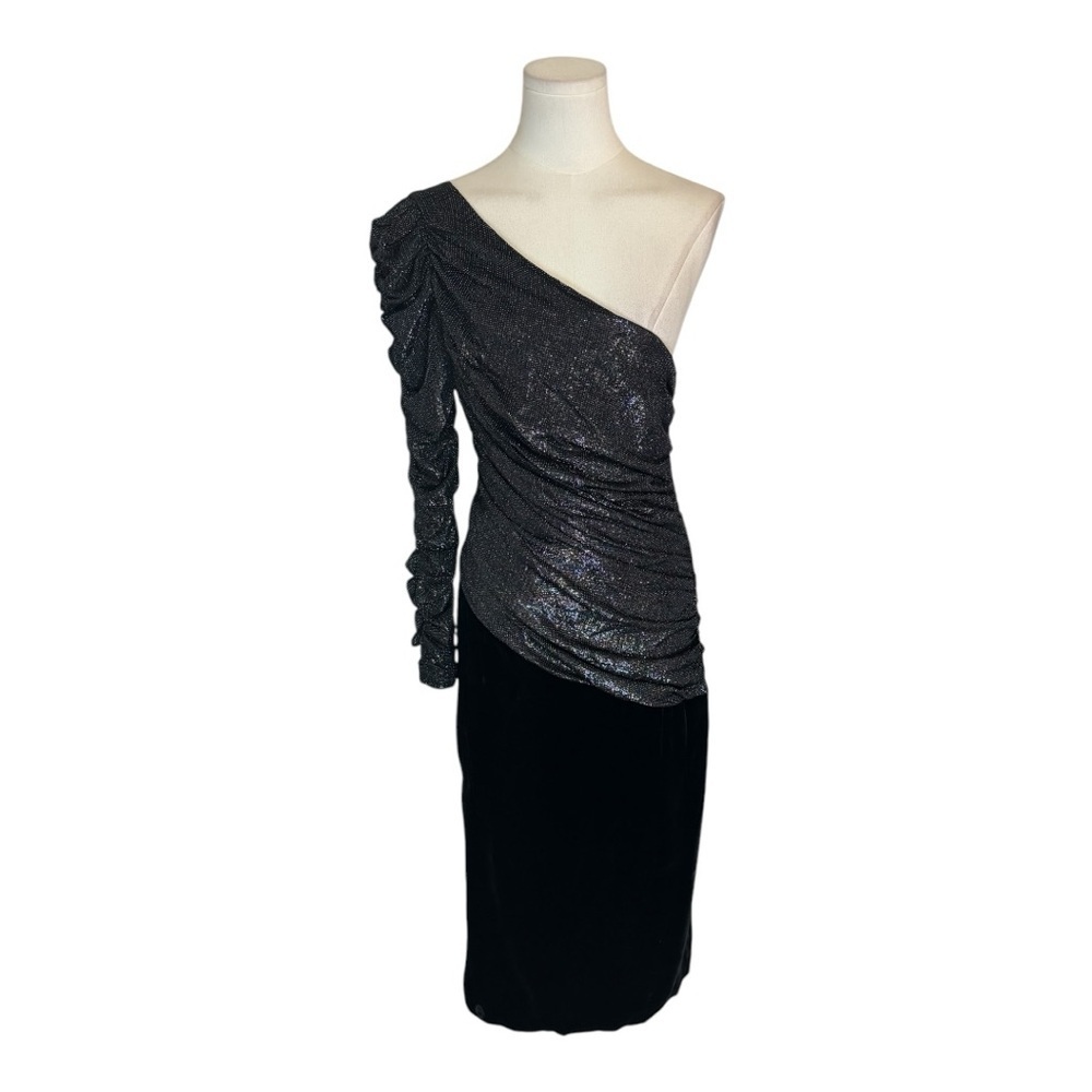 vintage Samir Black Velvet Rainbow Sparkle One-Shoulder Dress 70’s 80’s 9 10 8 7 - Picture 4 of 8